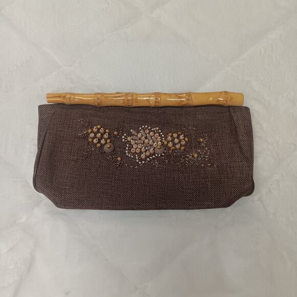 brown beaded clutch with faux bamboo snap closure - Picture 1 of 16
